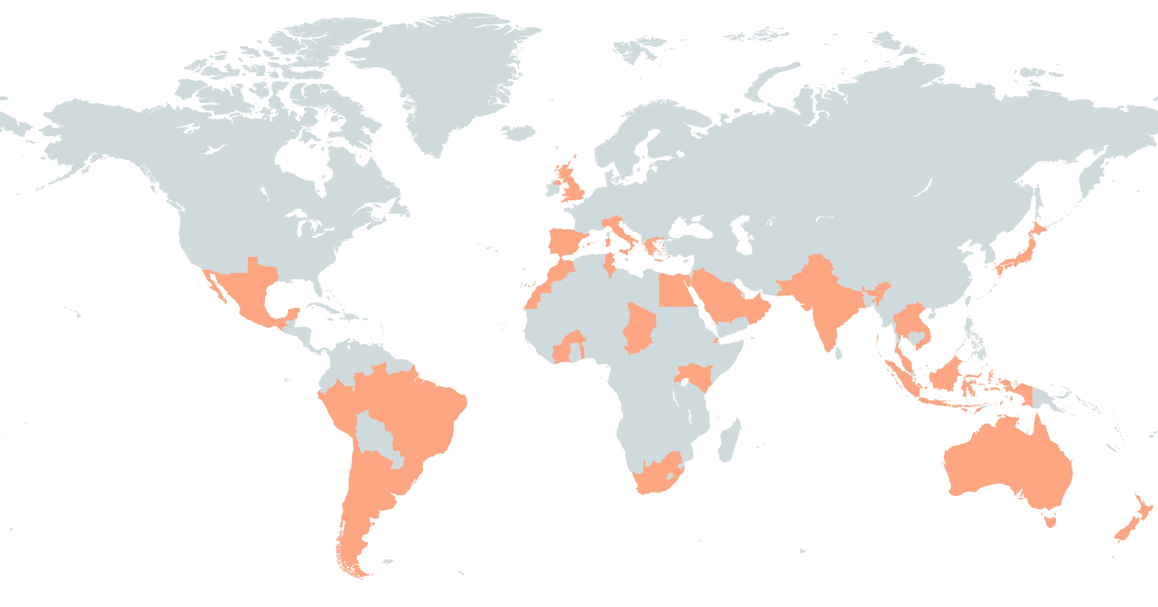 World map highlighting countries where Tomsawyer has delivered solar and storage projects